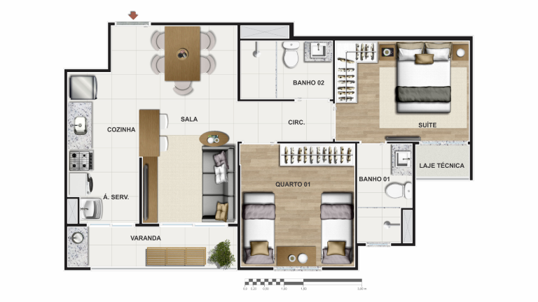 Planta do dois quartos, dois quartos com uma suíte, cozinha integrada a sala e varanda grill