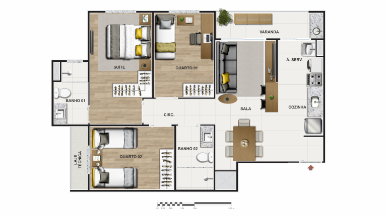 Planta do apartamento três quartos, com dois quartos e uma suíte, sala integrada a cozinha