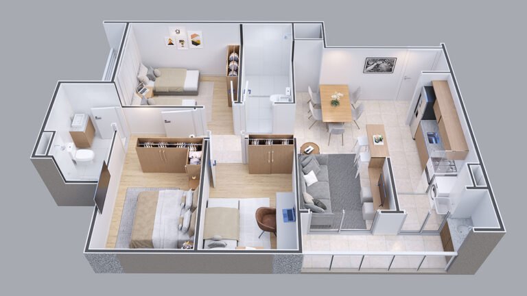 Planta 3D do apartamento três quartos, com uma suíte e dois quartos, sala e cozinha integrados, e varanda