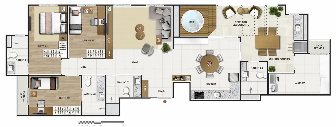 Planta da cobertura, com duas suítes e um quarto, jacuzzi e churrasqueira a carvão