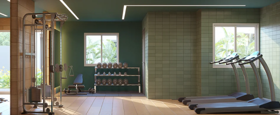 Academia do Lumi Tower Residences, com duas esteiras, halteres, e uma máquina de levantamento de peso