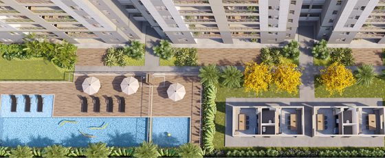 Vista área da área de lazer, mostrando a piscina adulgot e infantil, as quatro churraqueiras, e a torre unica do Lumi Tower Residences