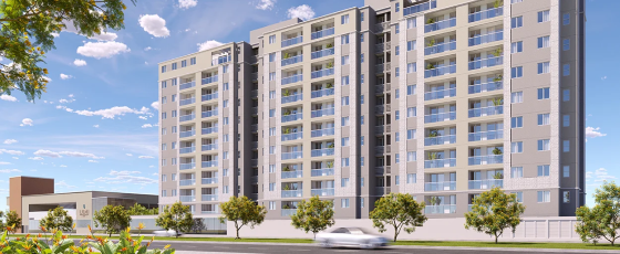 Torre única do Lumi Tower Residences, mostrando a fachada, com a frente para a avenida águas claras