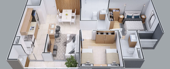 Planta 3D do apartamento dois quartos, com dois quartos com uma suíte, sala integrada a cozinha