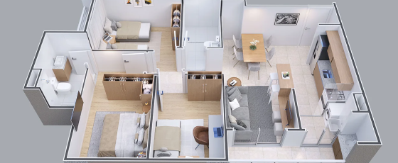 Planta 3D demonstrando a planta do apartamento três quartos, com três quartos e uma suíte e sala integrada a cozinha