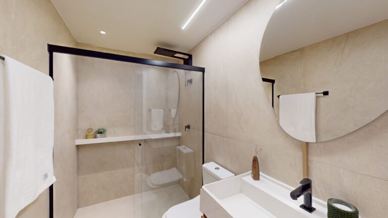 Banheiro social, apartamento dois quartos Lumi Tower Residences