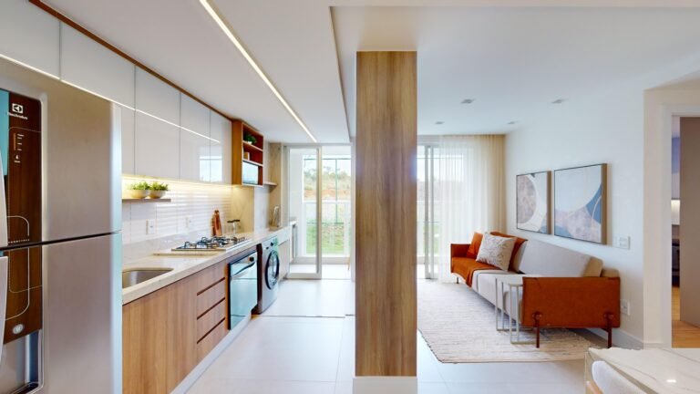 Visão cozinha integrada a sala, apartamento dois quartos Lumi Tower Residences