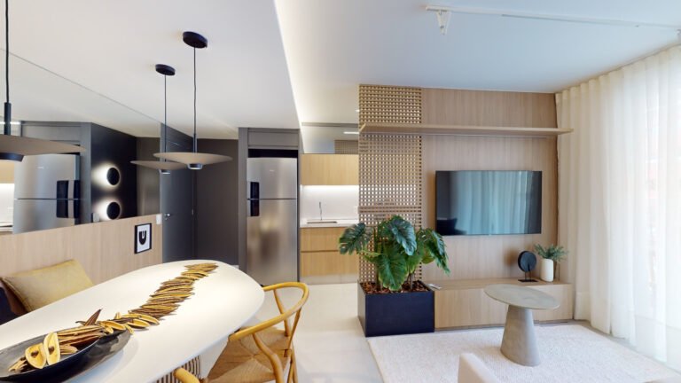Visão sala cozinha, apartamento dois quartos Lumi Tower Residences